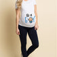 White maternity short sleeve tee with an It's a Boy print, round neck and side ruching, on a pregnant model