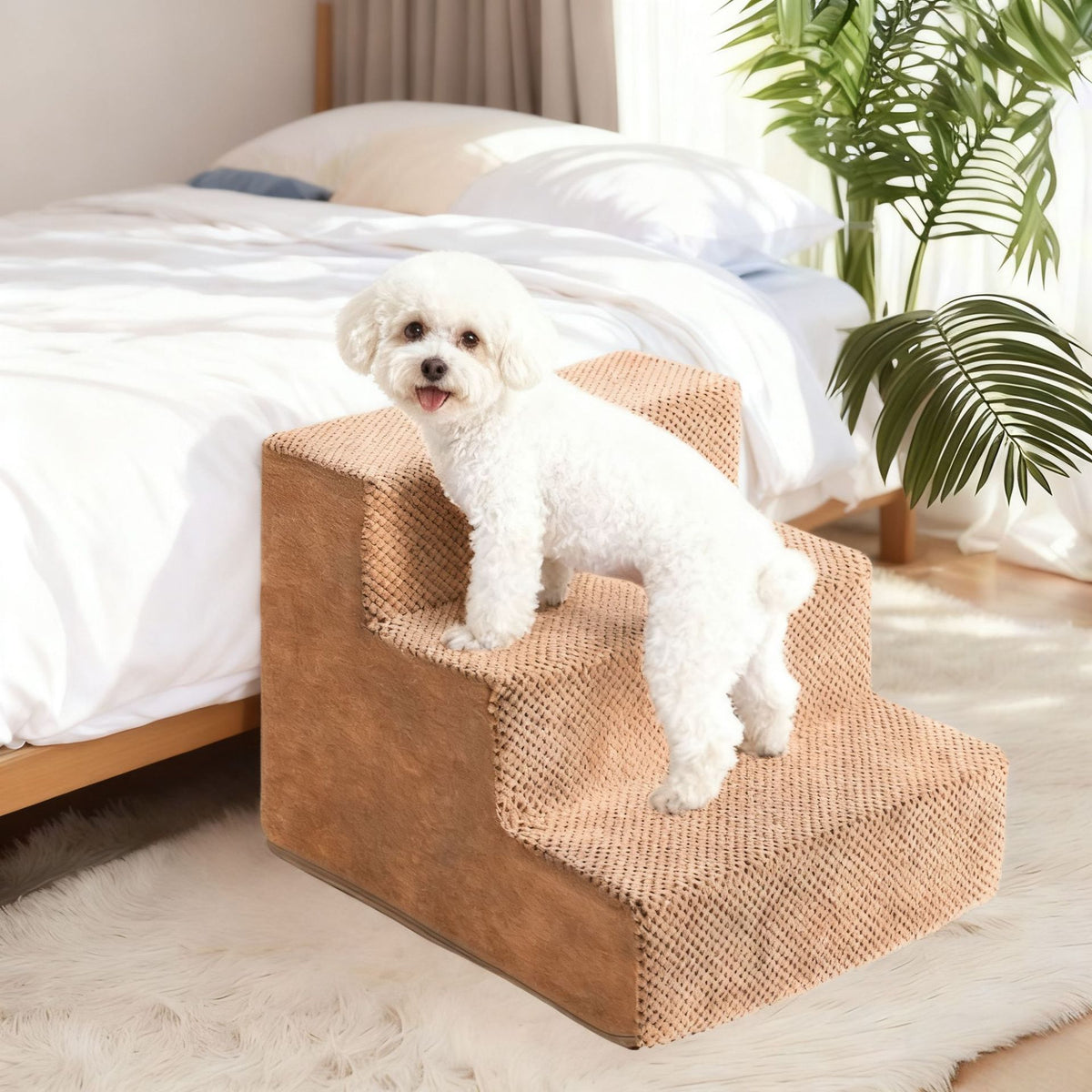 Tan and beige pet steps beside a bed in a bedroom with a small white dog standing on the middle step