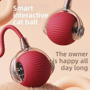 Two red silicone rolling cat balls with clear hubs and a braided red rope tail on a peach backdrop