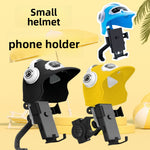 Small helmet phone holder collage showing black, yellow and blue helmets on mirror and handlebar mounts