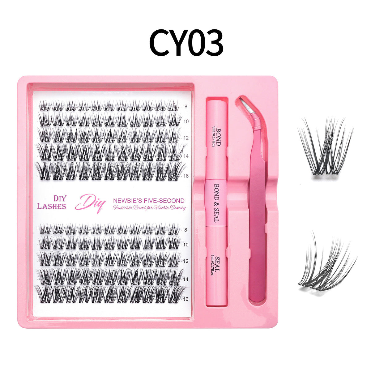 Lash cluster style CY03 in a 10 row tray with dual-ended glue pen, tweezers and a close-up of the cluster shape