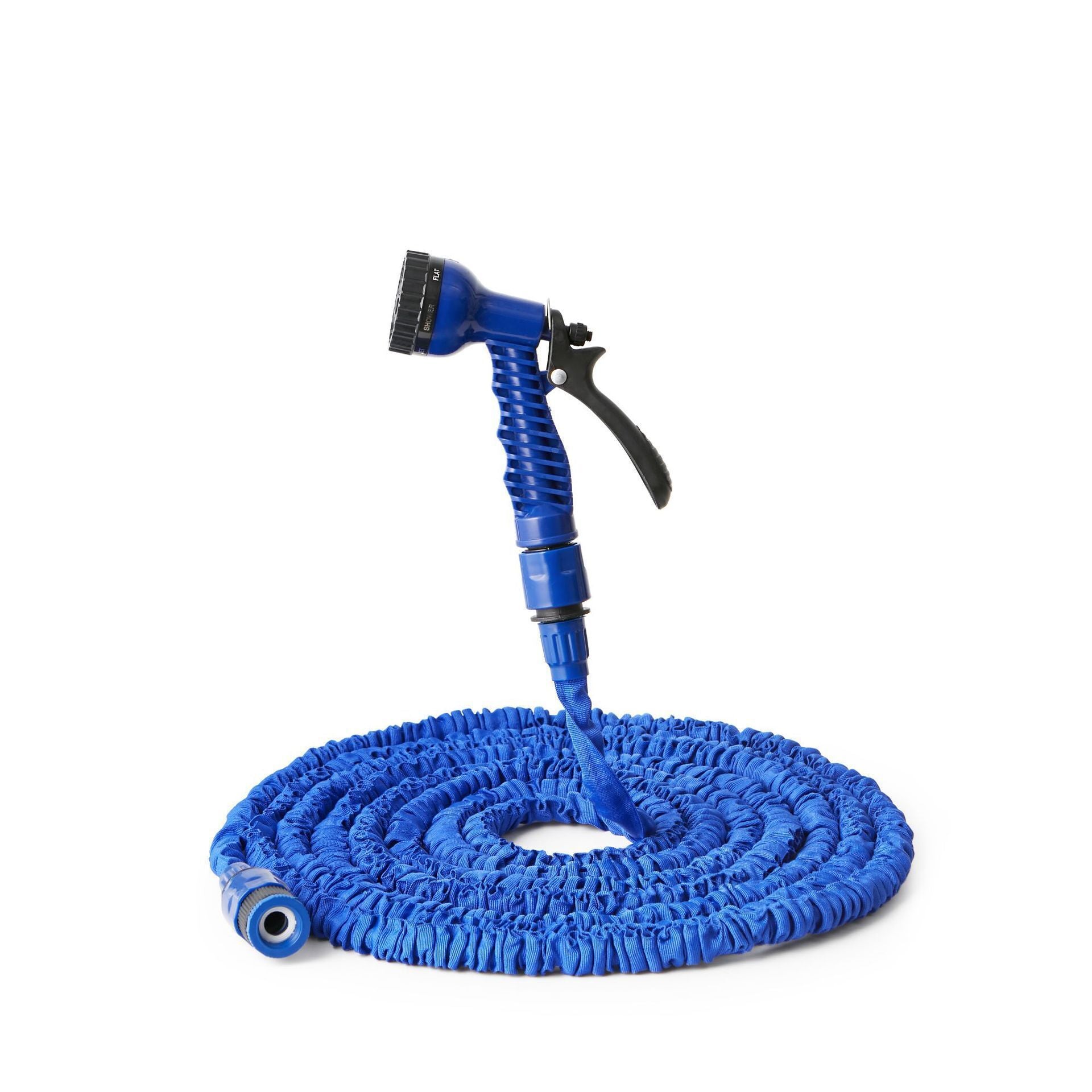 Green expandable garden hose coiled with a seven pattern trigger spray gun