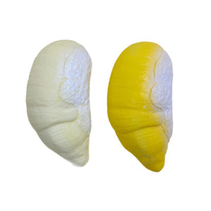 Creamy pale and glossy golden durian squishy segments side by side on white, husk end visible