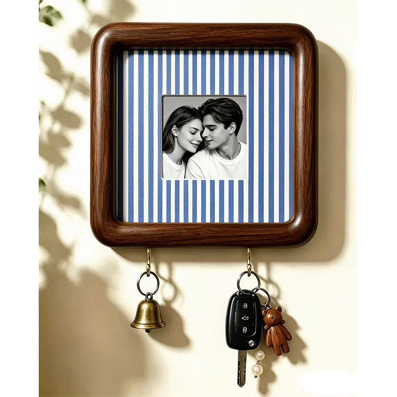 Option 15x15 Hook Style 12: dark wood wall photo frame with blue and white striped backing and two key hooks