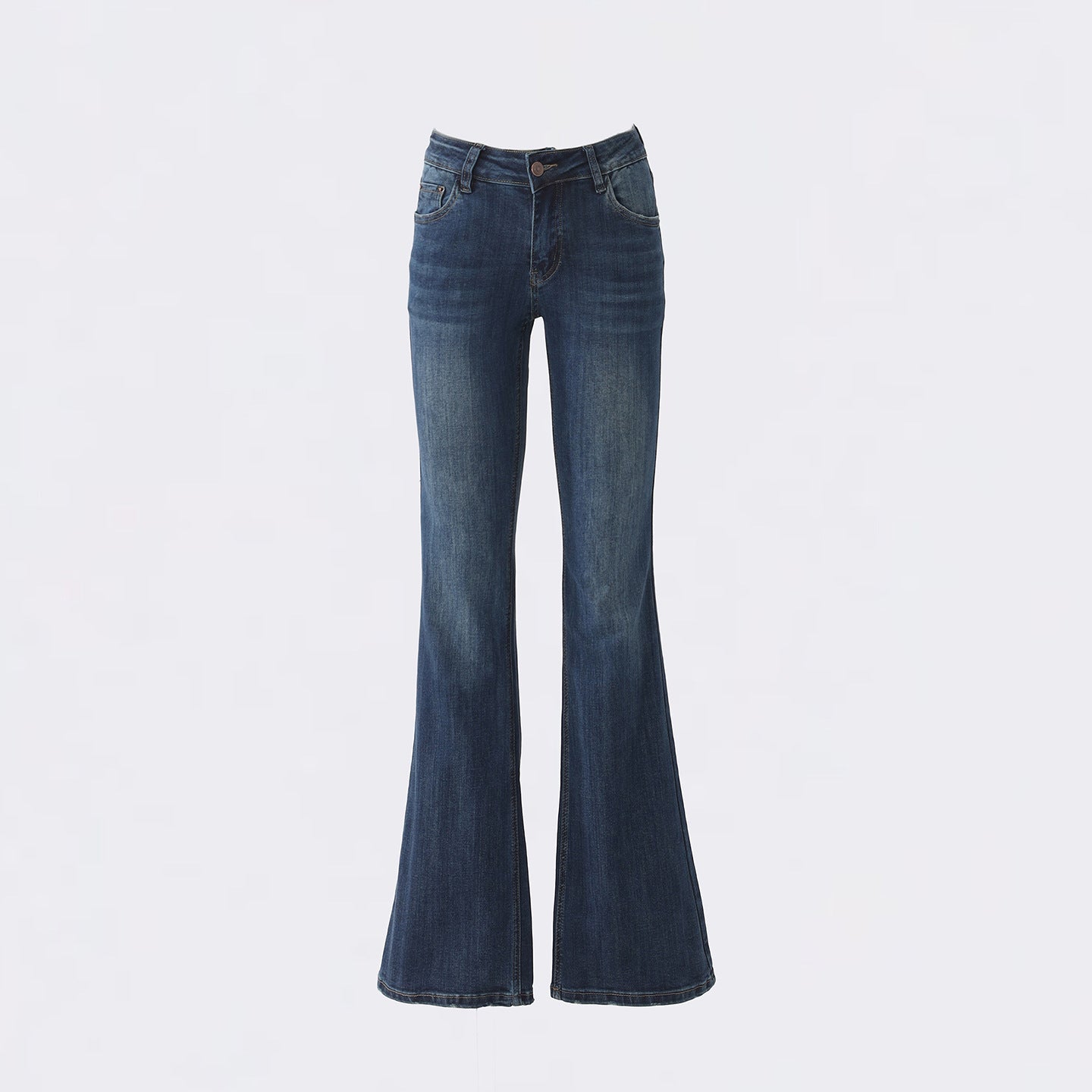 Dark blue vintage wash flared jeans flat lay, front view showing the button fly and slim to flare leg