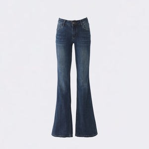 Dark blue vintage wash flared jeans flat lay, front view showing the button fly and slim to flare leg