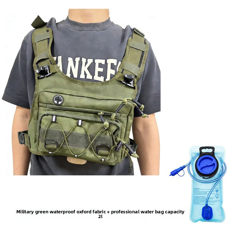 Olive chest pack front detail with the bungee pocket and main zip