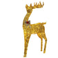 Golden glitter reindeer decoration with a silver bow and red berries on a white background