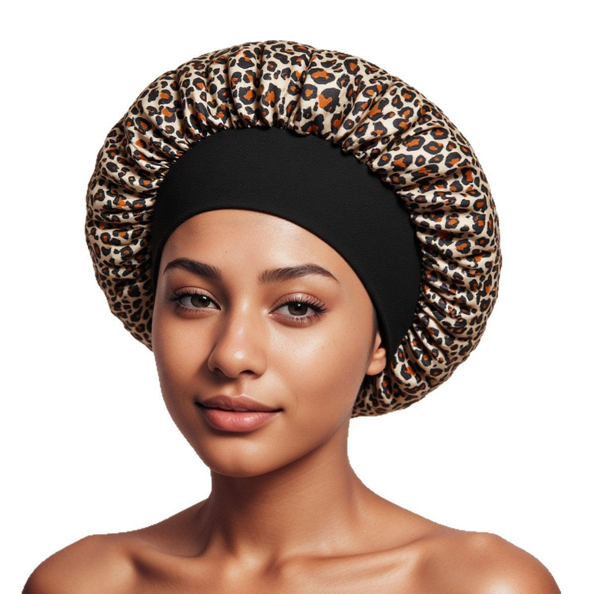 Small Leopard Print satin sleep bonnet with ruffled crown and wide elastic band, 30 cm diameter
