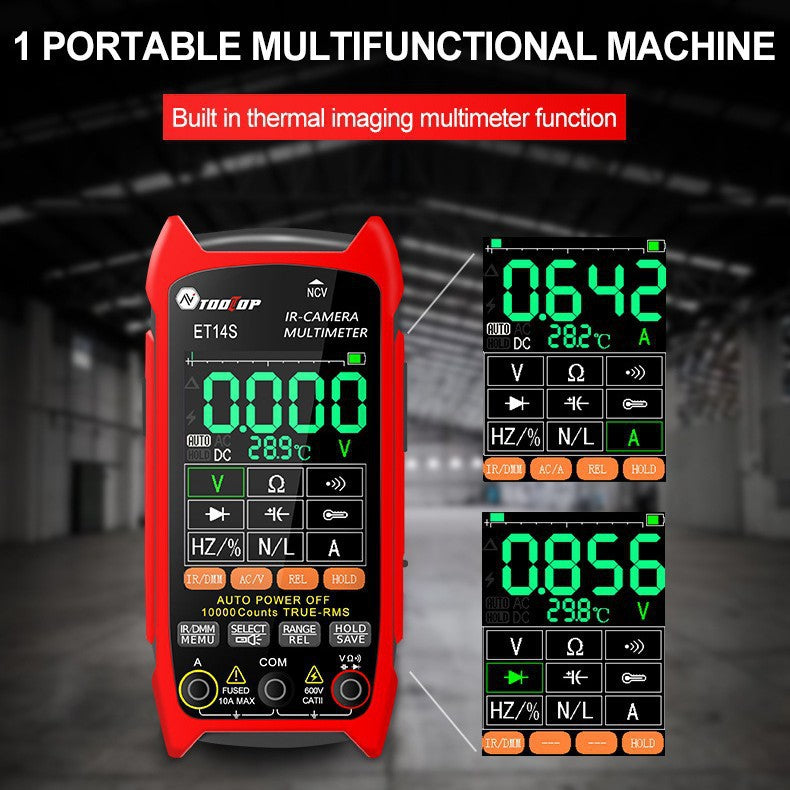Front of the red ET14S multimeter showing its measurement menu with close ups of the digital readouts