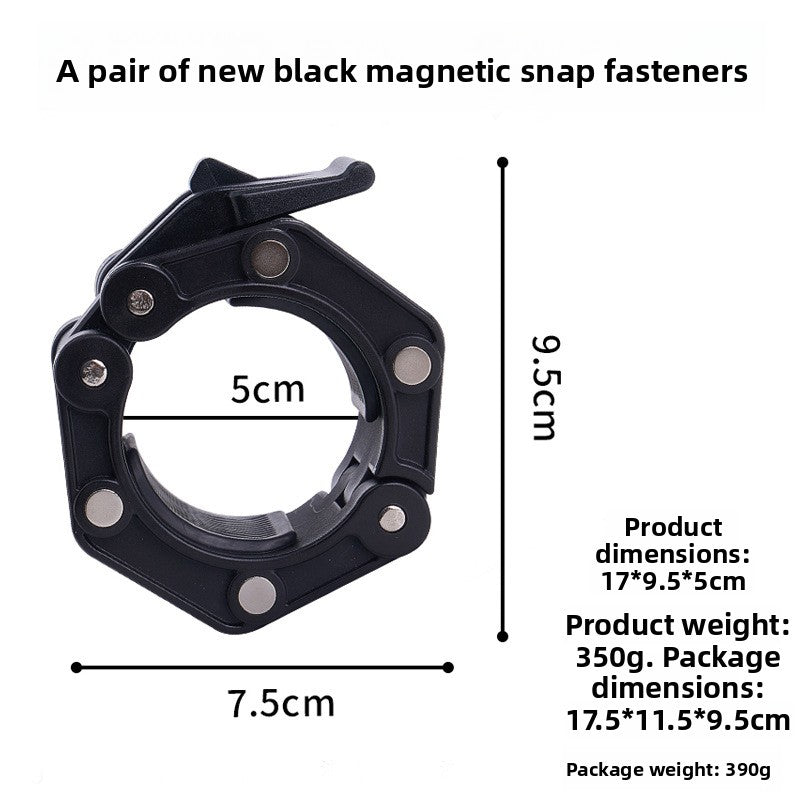 Black hexagonal magnetic barbell collar with silver magnet discs, 5 cm bore, 17 by 9.5 by 5 cm, 350 g