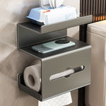 Gun metal grey wall mounted bathroom tissue holder with a top shelf and toilet roll bar