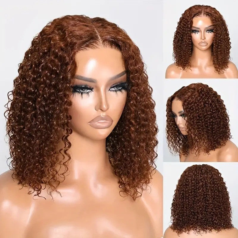 Short curly auburn brown synthetic lace front bob wig on a mannequin head, multiple views