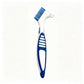 Blue double headed denture brush showing the large angled bristle head and the small pointed head