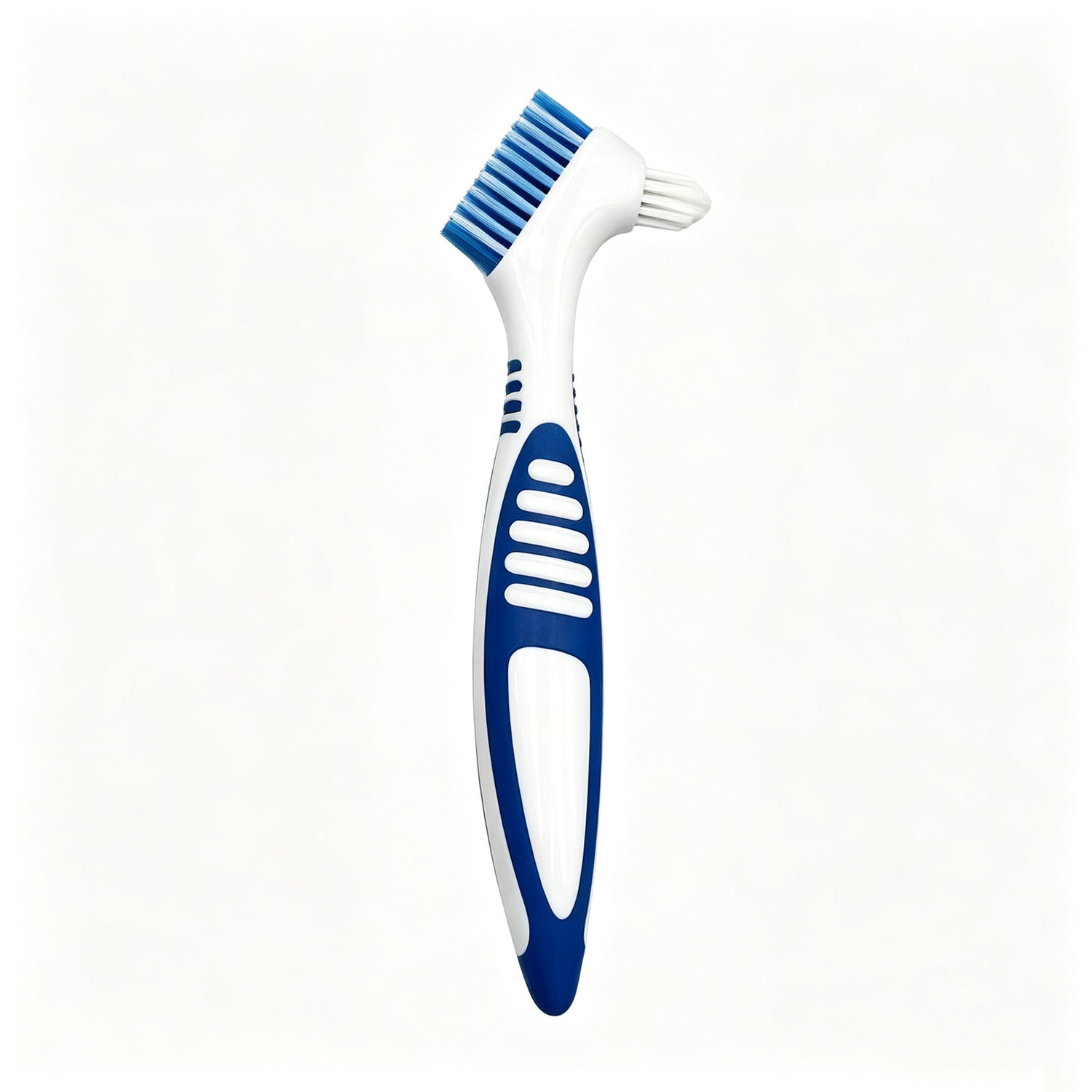 Blue double headed denture brush showing the large angled bristle head and the small pointed head