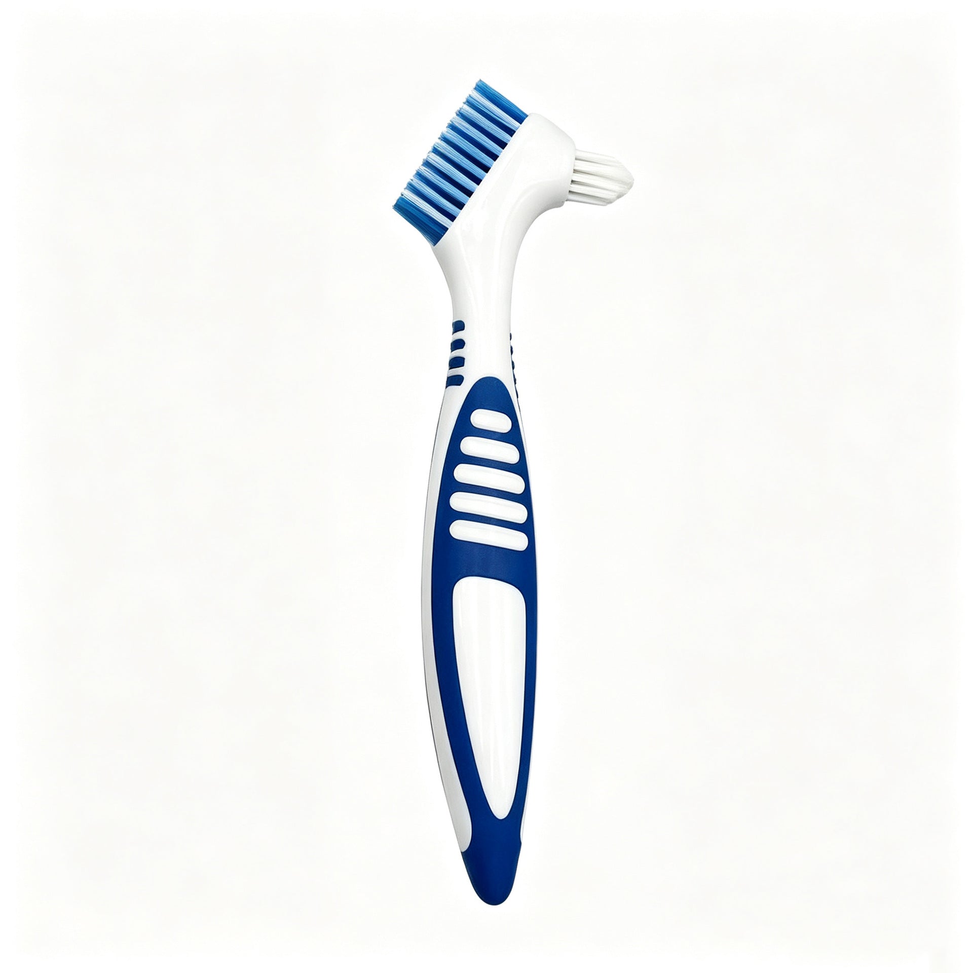 Blue double headed denture brush showing the large angled bristle head and the small pointed head