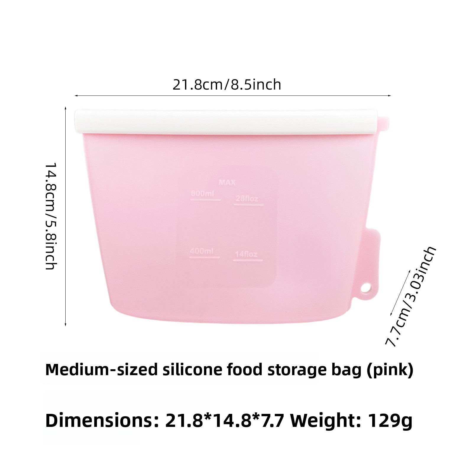 Reusable pink silicone food storage bag, 800ml size, standing sealed upright