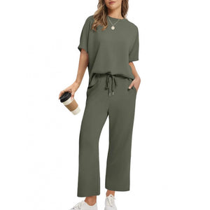 Short-sleeve set side profile showing the relaxed cut of the top and bottoms