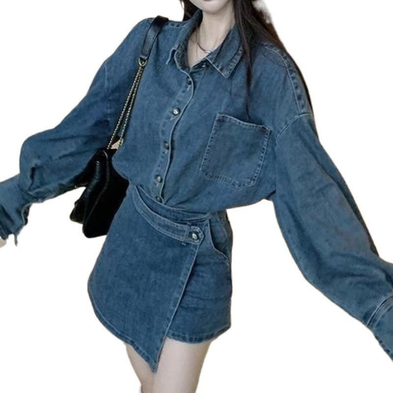 Side profile of the denim shirt and wrap skort set showing the relaxed drape
