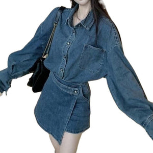Side profile of the denim shirt and wrap skort set showing the relaxed drape