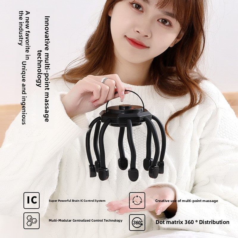 Woman holding the black claw scalp massager by its top loop in front of a feature infographic