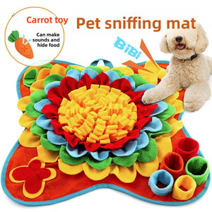 Red sunflower dog snuffle mat with a fluffy white poodle and a squeaky carrot toy shown for scent foraging play