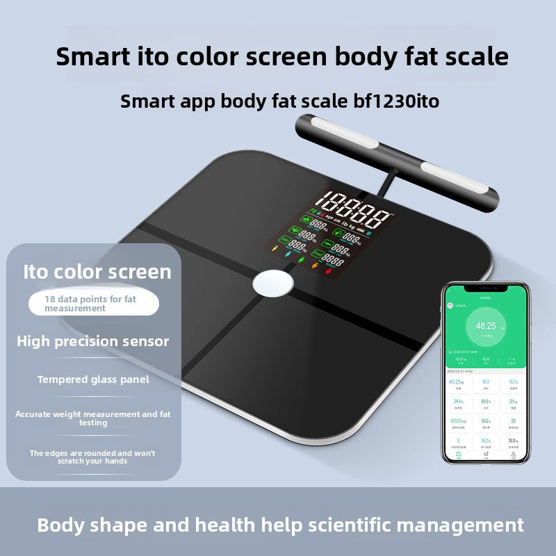 Black tempered glass body fat scale with color screen and lifted handheld electrode bar