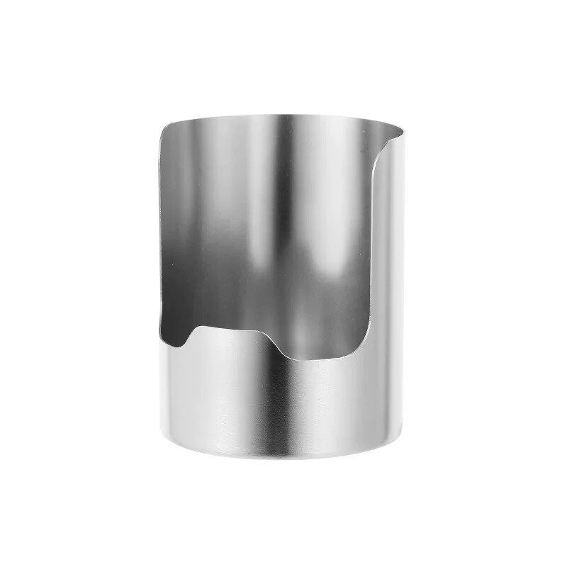 Stainless steel cylindrical kitchen holder with a curved notch cut into the front, on a white background