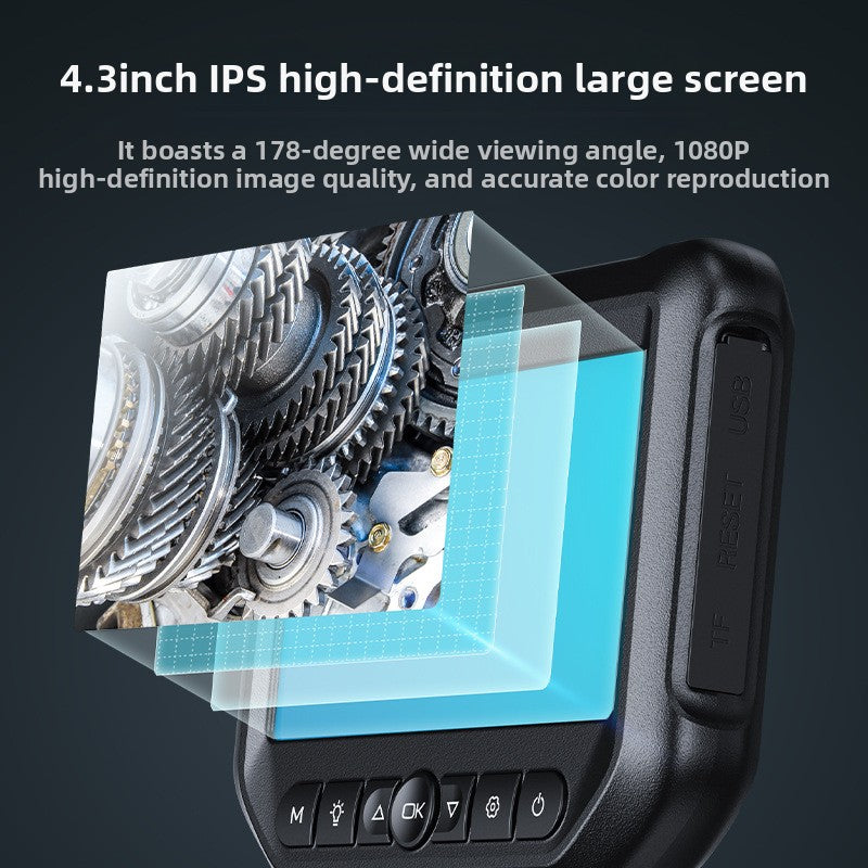 Close view of the 4.3 inch IPS borescope screen showing gears with a layered screen graphic