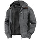 Gray hooded zip jacket with black fleece lining, brown collar patch and angled front pockets