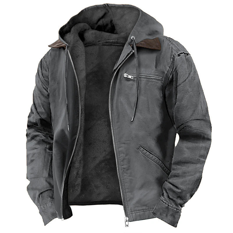 Gray hooded zip jacket with black fleece lining, brown collar patch and angled front pockets