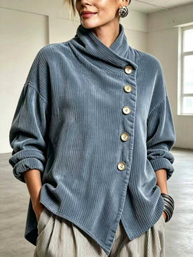 Womens Vintage Corduroy Jacket with Asymmetric Button Front and High Collar