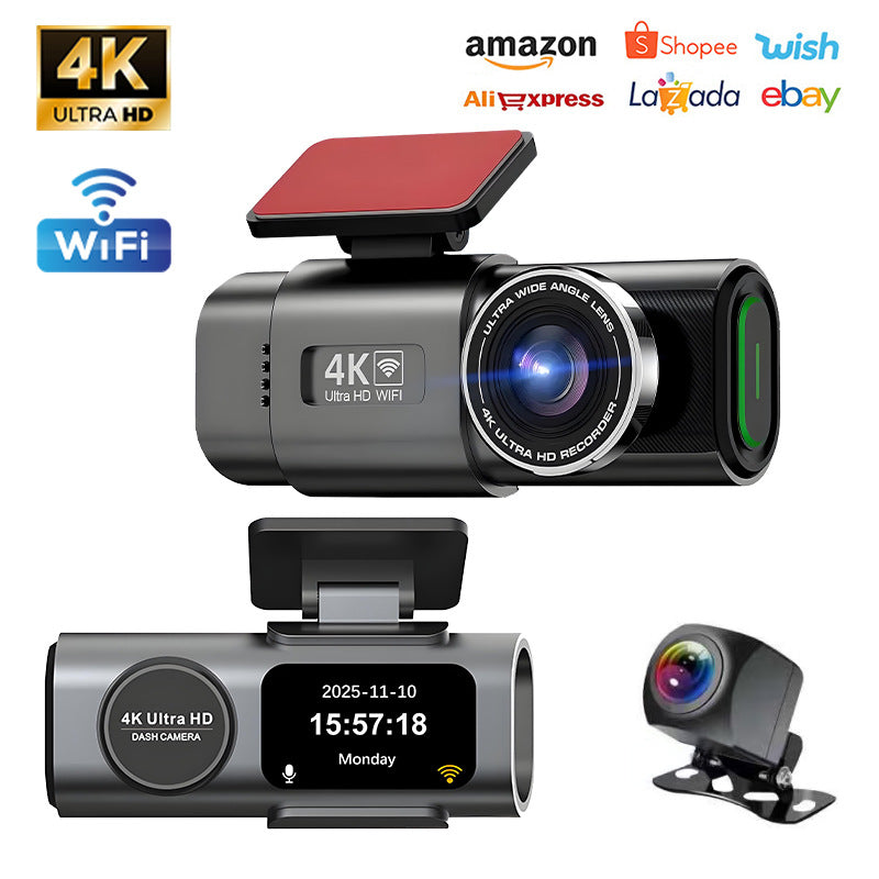 4K dual dash cam front unit mounted on a windshield