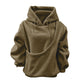 Olive brown plush fleece hoodie with a diagonal pouch pocket and drawstring hood, option photo for size XXL