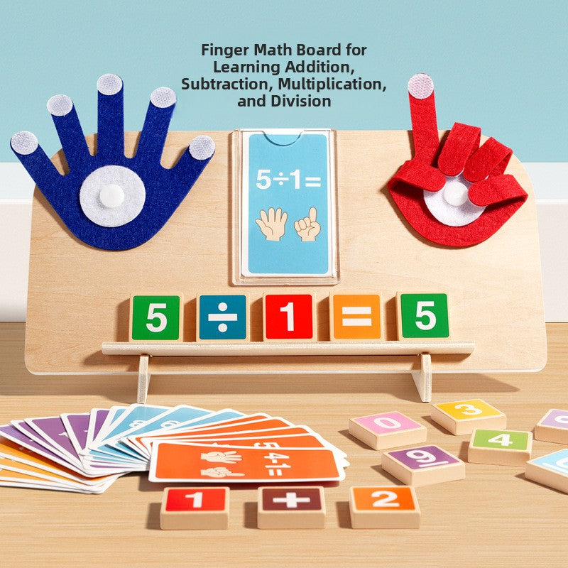 Finger Math Board for Learning Addition, Subtraction, Multiplication and Division with felt hands and blocks on a desk