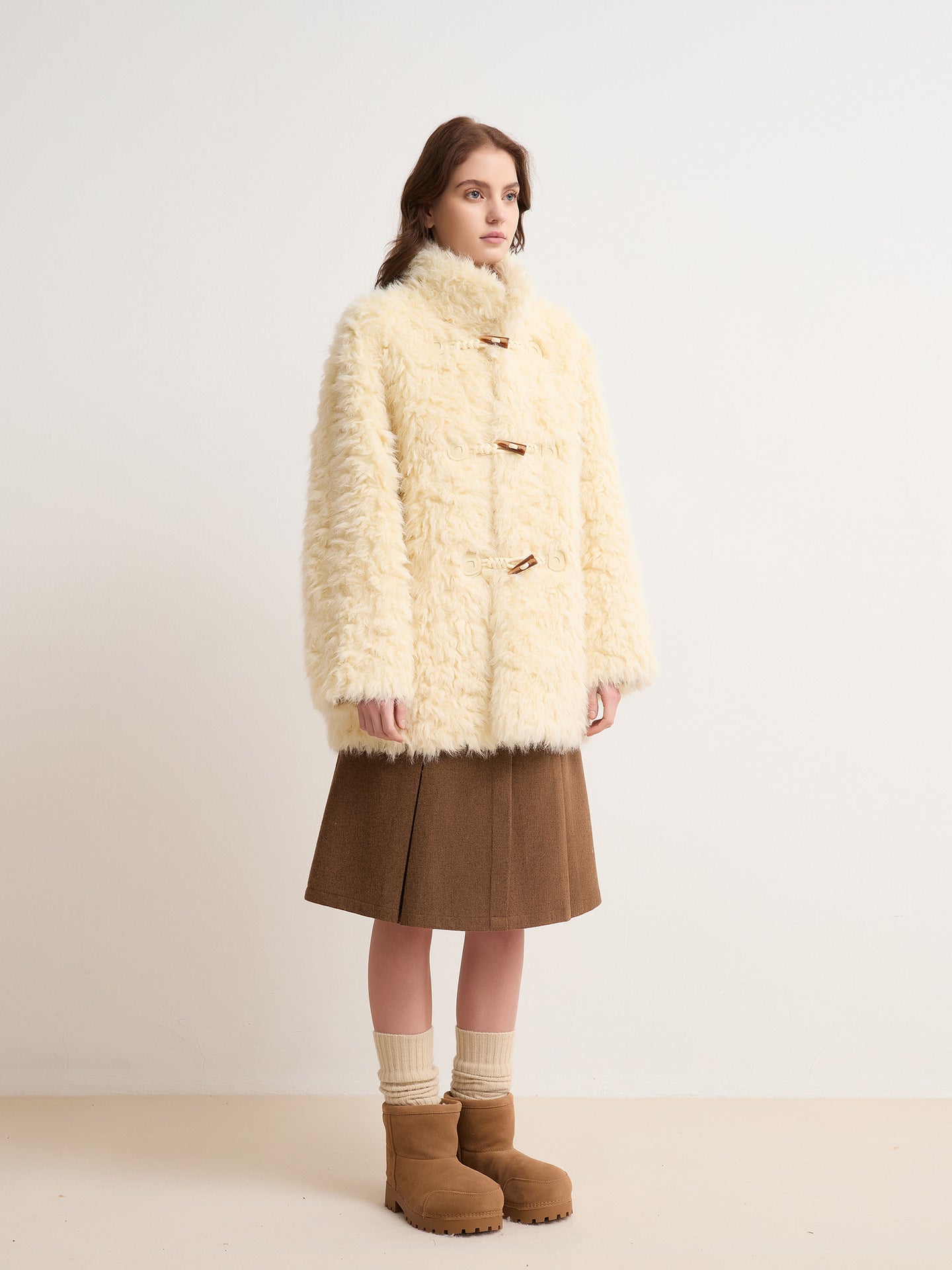 Faux Shearling Winter Coat | horn button row close up