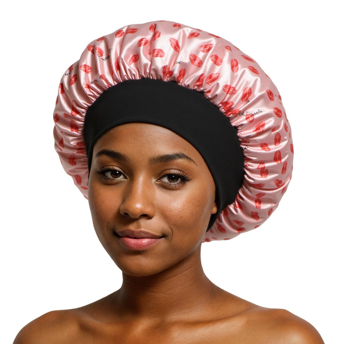 Pink Lips Print satin sleep bonnet with ruffled crown and wide elastic band, 30 cm diameter