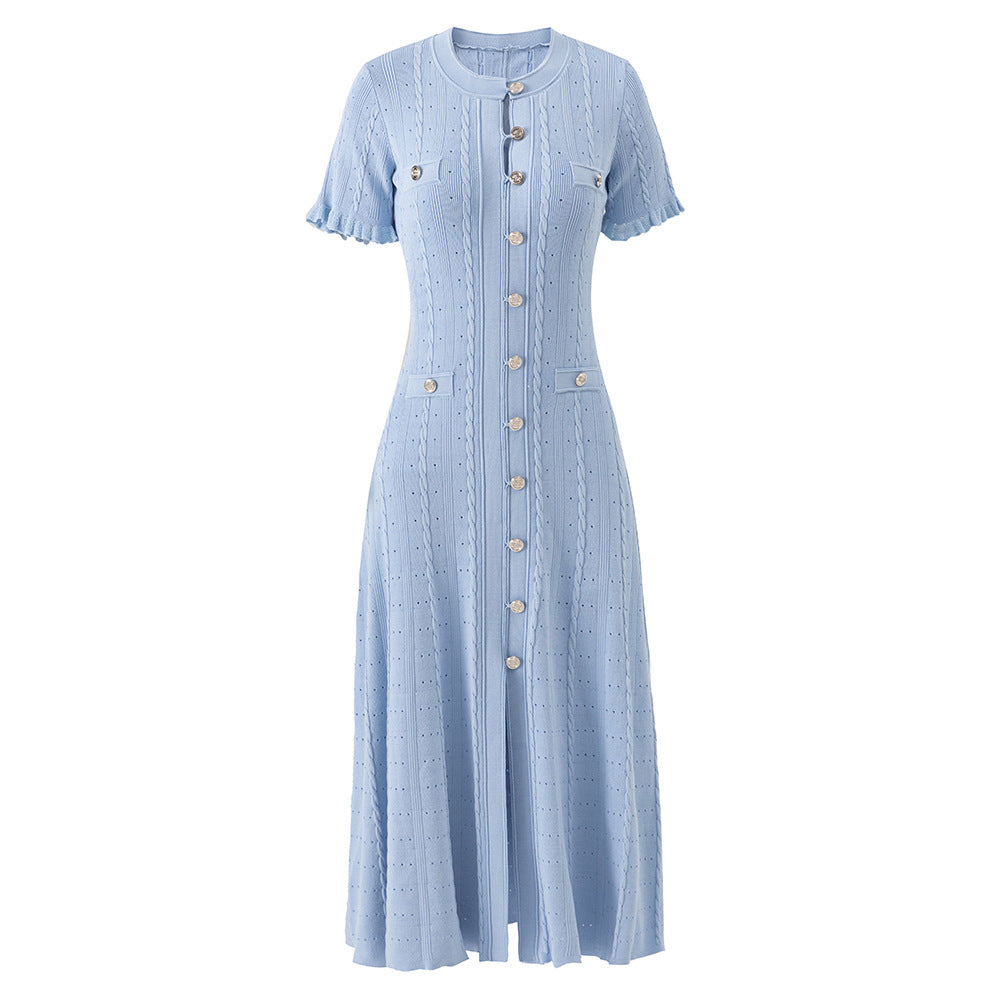 Light blue ruffle sleeve dress front view showing silver button placket