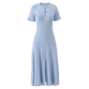 Light blue ruffle sleeve dress front view showing silver button placket