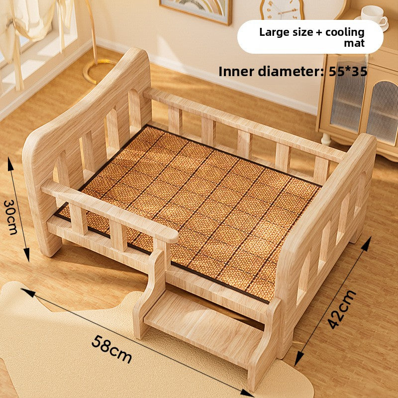 Large solid wood pet bed with a woven summer mat, outer 58 x 42 x 30 cm