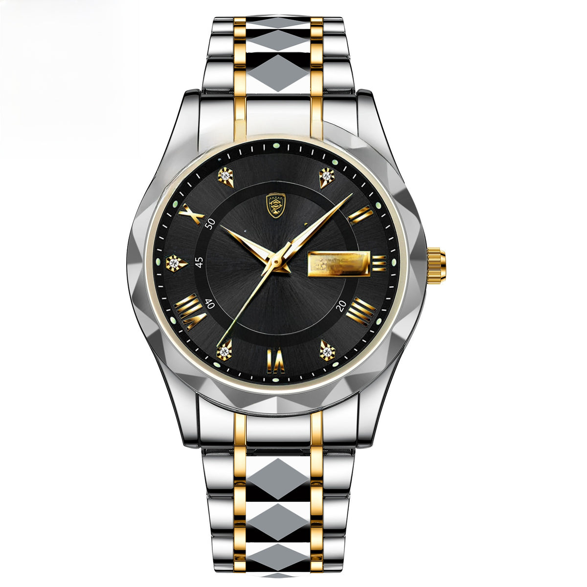 Men's day-date dress watch photographed in soft studio lighting on a clean background