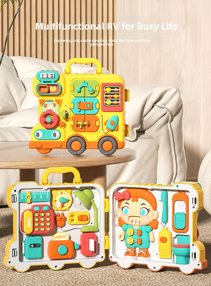 Busy board bus opened flat into a mini play house with phone and lamp