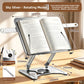 Space Silver 360 Rotate reading stand with a rotating base, book open on the panel, dimension callouts