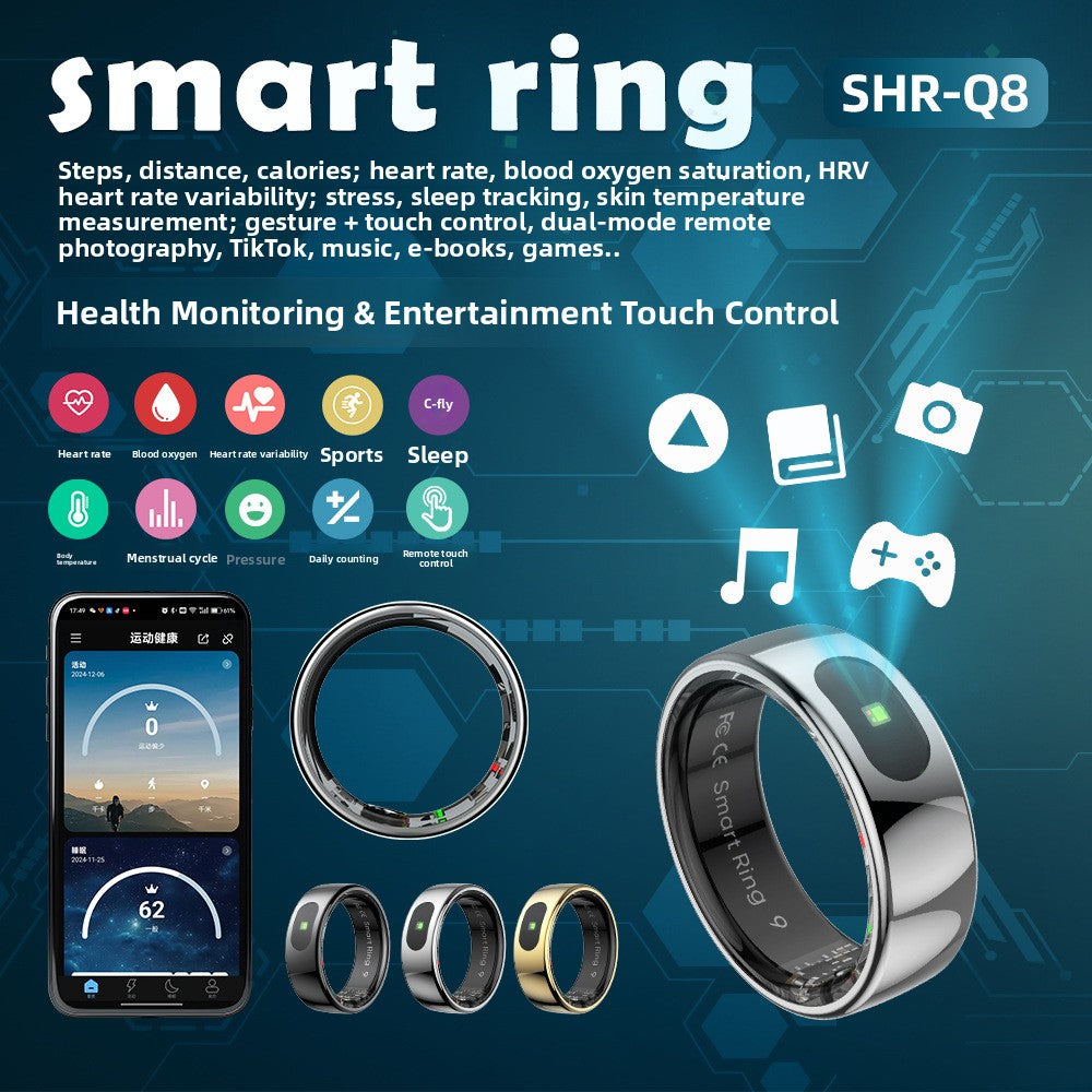 Black smart ring standing upright beside its round charging case