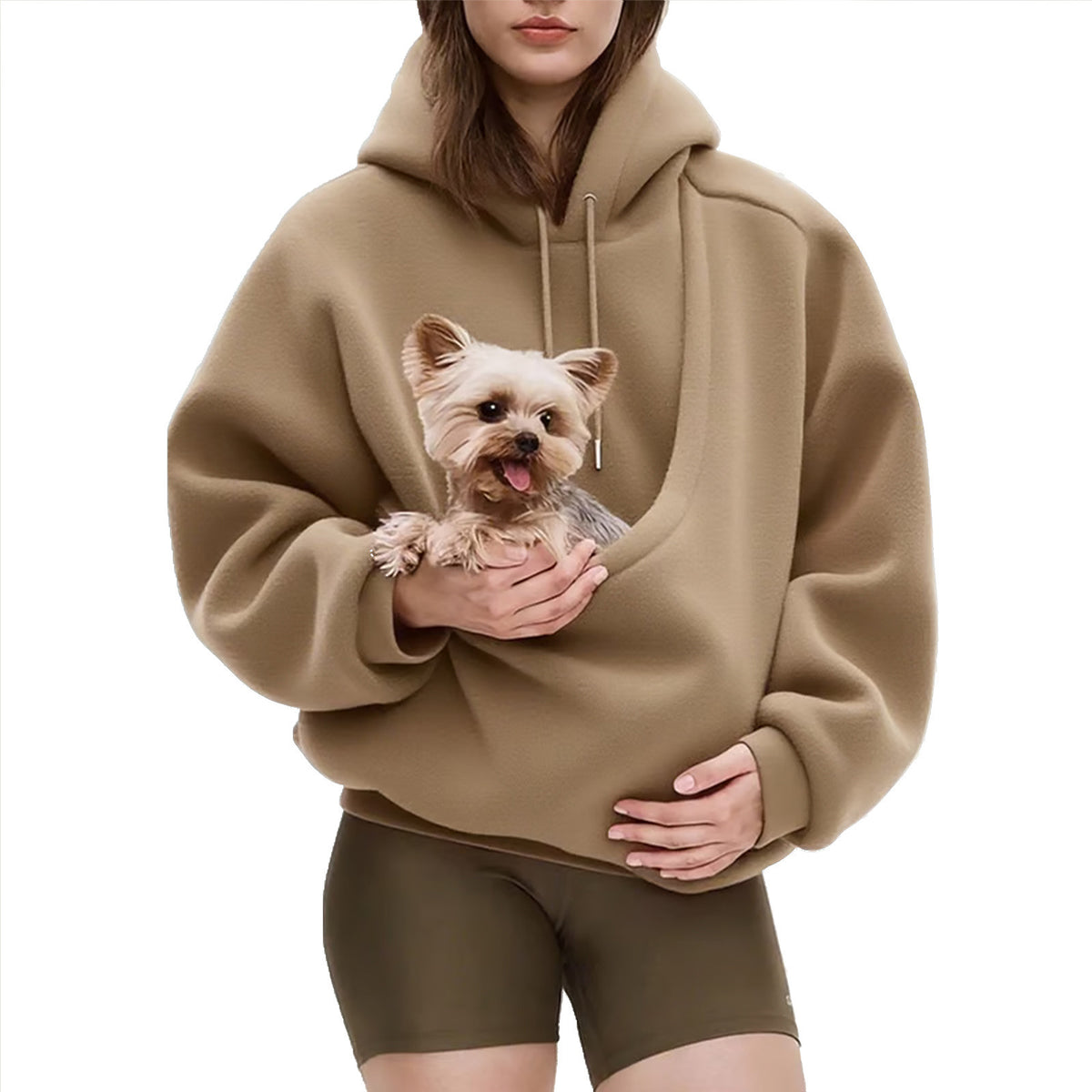 Close view of the plush fleece surface and drawstring hood on the pink pet pouch sweatshirt