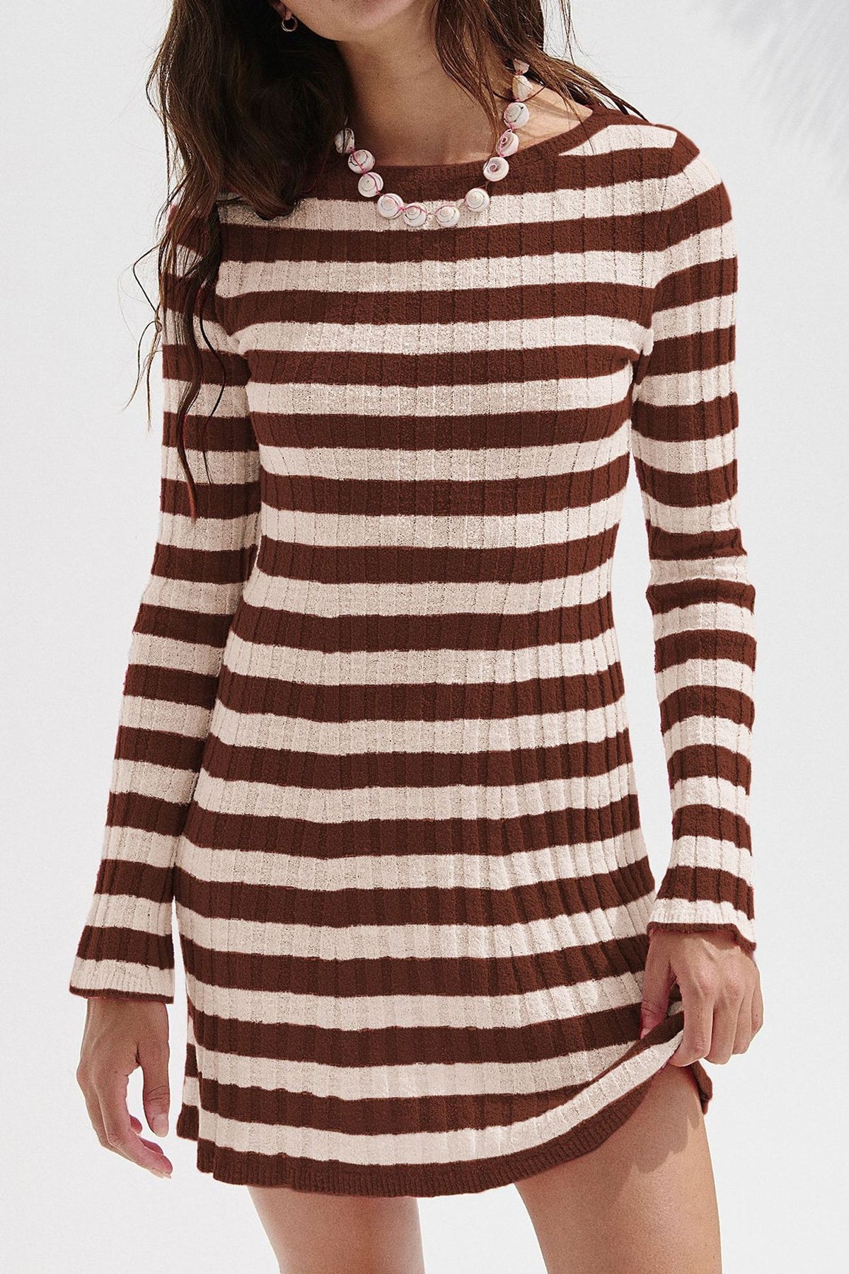 Brown and cream striped ribbed knit dress with long sleeves and round neck, size L option