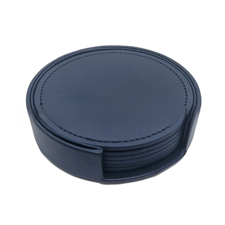 Navy blue PU leather round coaster set with a matching holder