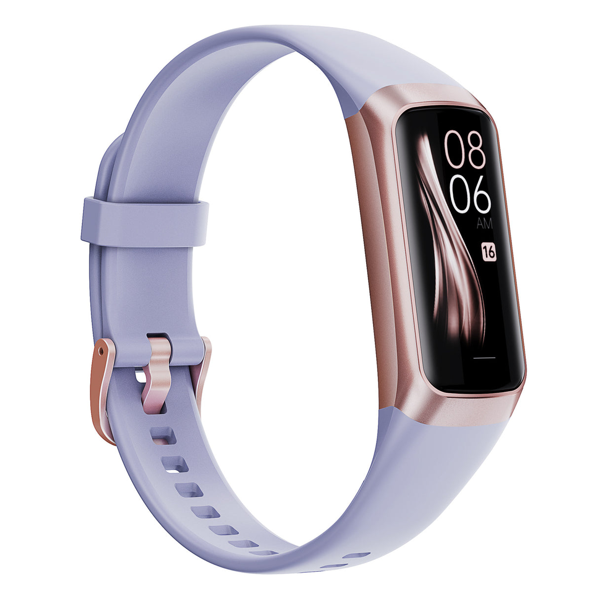 Lavender smart bracelet with a rose gold case and a screen showing the time 08:06