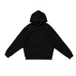 Black pullover hoodie with front pouch pocket and rib knit cuffs flat on white, size XL option