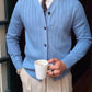 White ribbed knit mens cardigan close view showing the vertical rib knit texture
